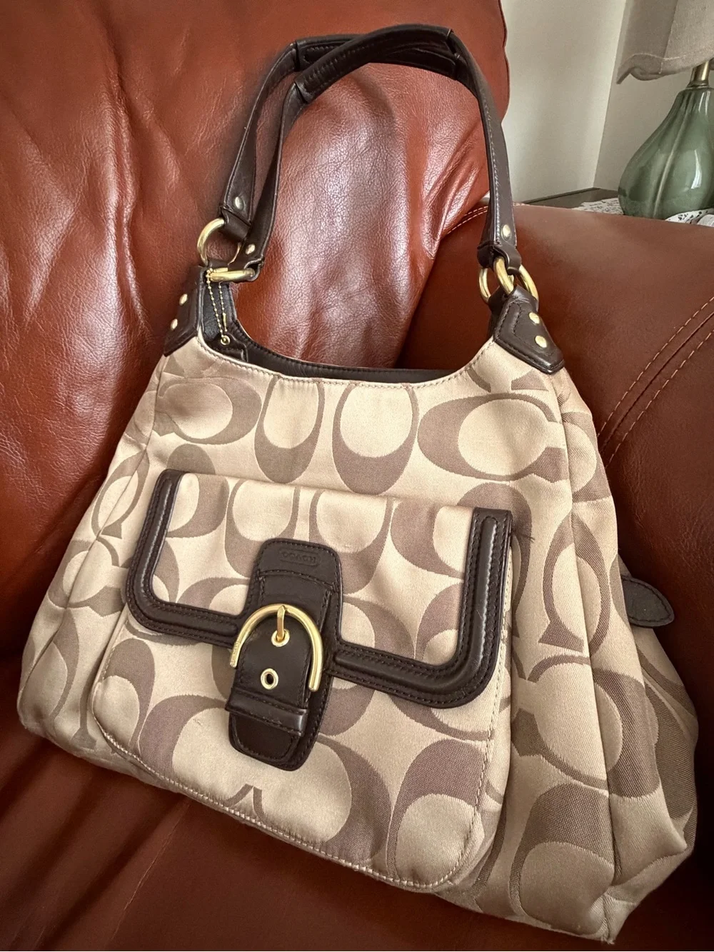 Coach Signature Jacquard Shoulder Bag with Brown Leather Trim